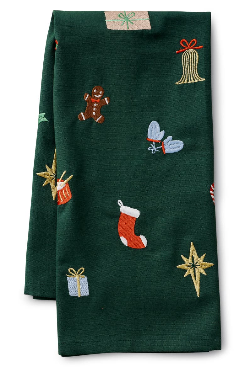 Christmas Icon Embroidered Tea Towel, Main, color, GREEN MULTI