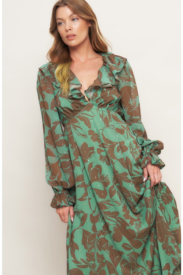 Metallic Print Chiffon Maxi Dress, Alternate, color, SAGE BROWN