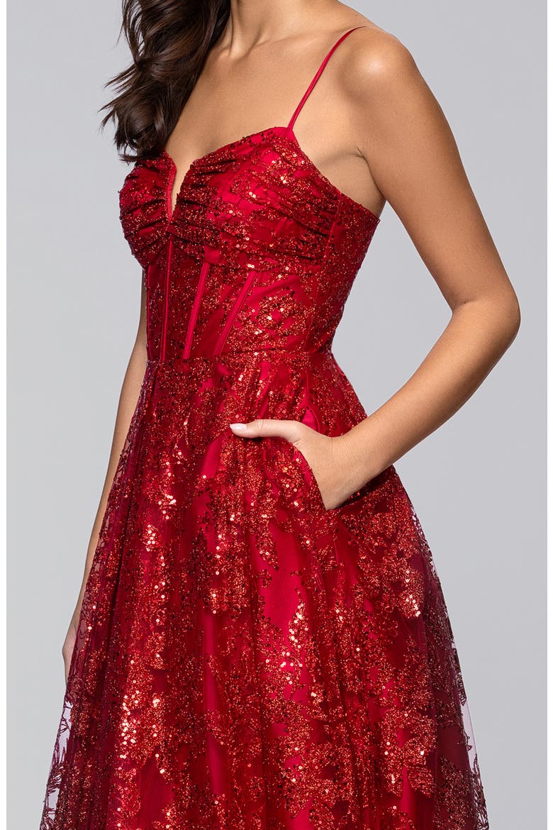 Glitter Sequin Corset Gown, Alternate, color, RED