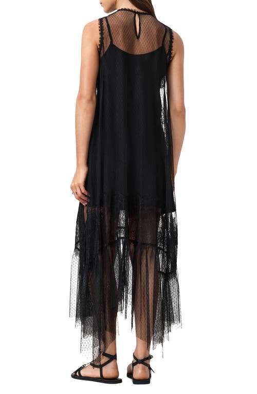 Allsaints Clara Sheer Lace Sleeveless Handkerchief Hem Dress In Black