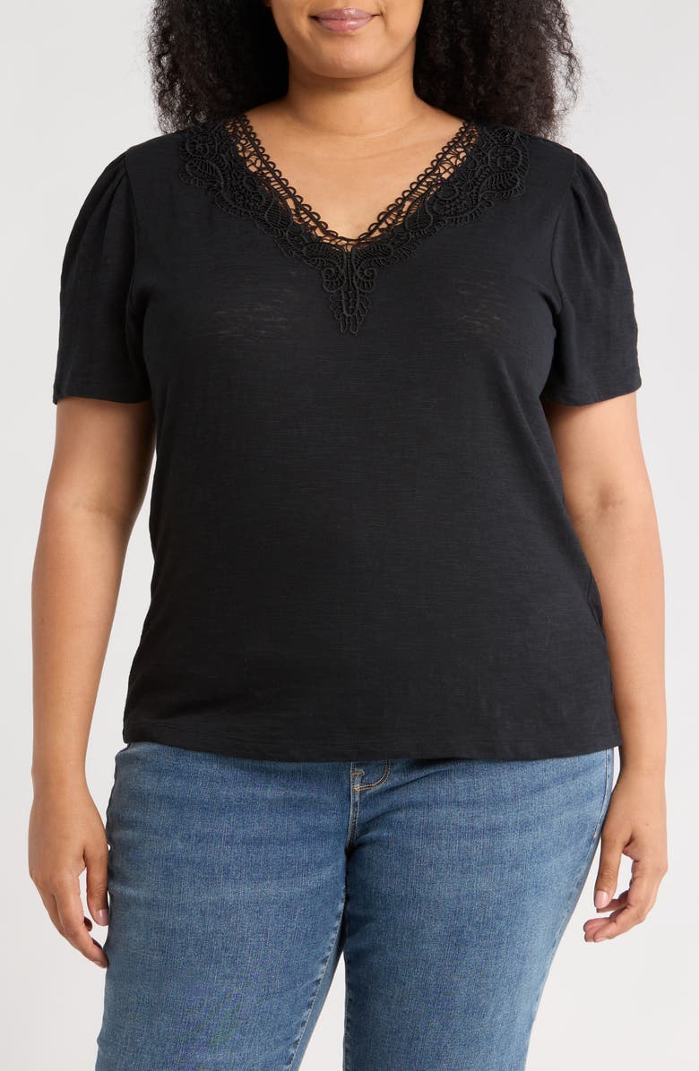 Caslon<sup>®</sup> Embroidered Cutwork V-Neck T-Shirt, Main, color, Black
