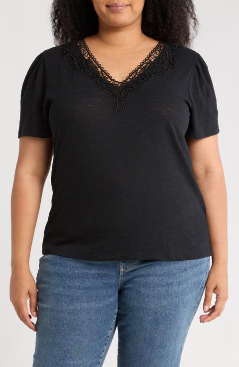 Embroidered Cutwork V-Neck T-Shirt (Plus)