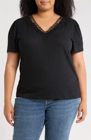 Caslon® Embroidered Cutwork V-Neck T-Shirt