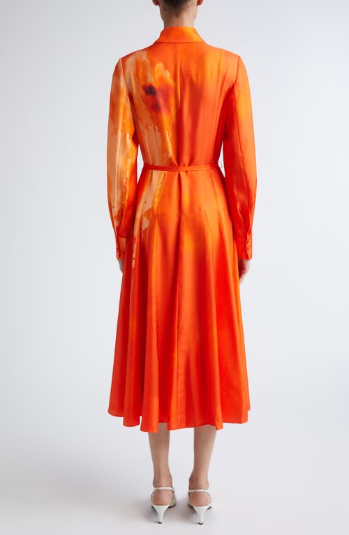 Jason Wu Collection Watercolor Floral Print Pleated Long Sleeve Silk Twill Shirtdress In Orange
