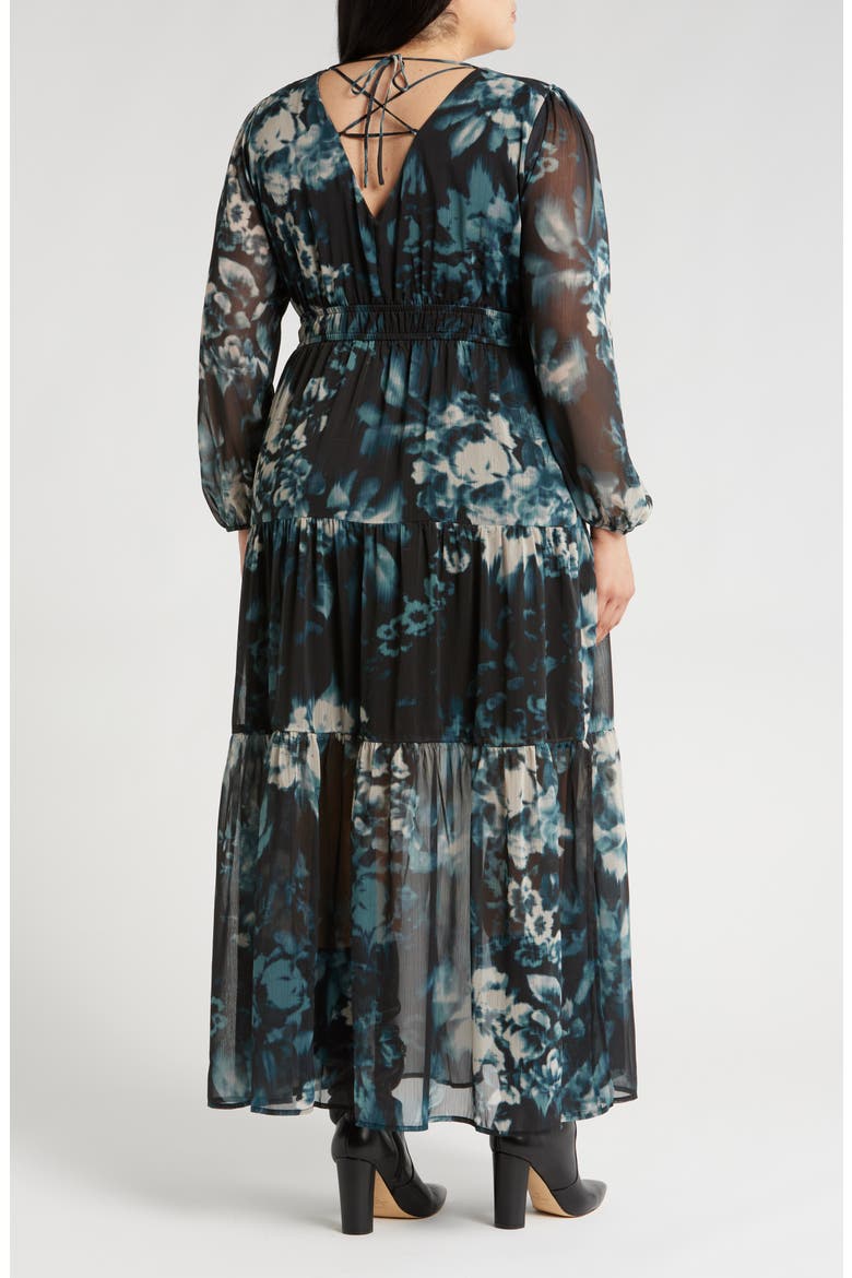Tiered Long Sleeve Chiffon Dress, Alternate, color, BLACK- TEAL BLURRED FLORAL