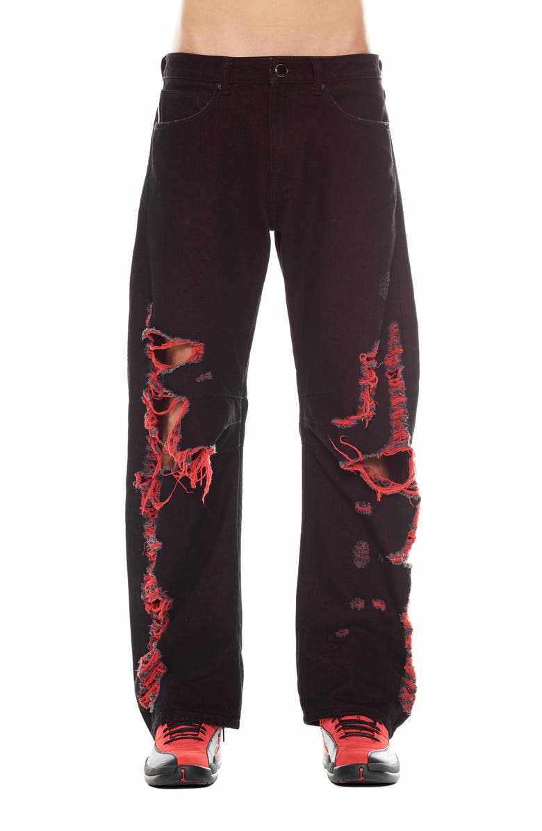 HVMAN Evolve Distressed Baggy Fit Jeans, Main, color, Black/ Red