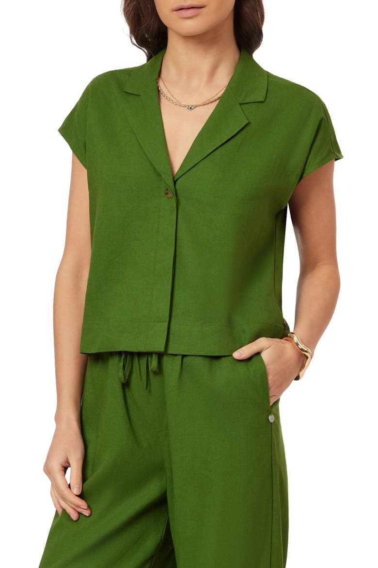 Short Sleeve Linen Blend Button-Up Top, Main, color, GARDEN GREEN