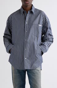 Acne Studios Satero Oversize Stripe Double Sleeve Poplin Button-Up Shirt