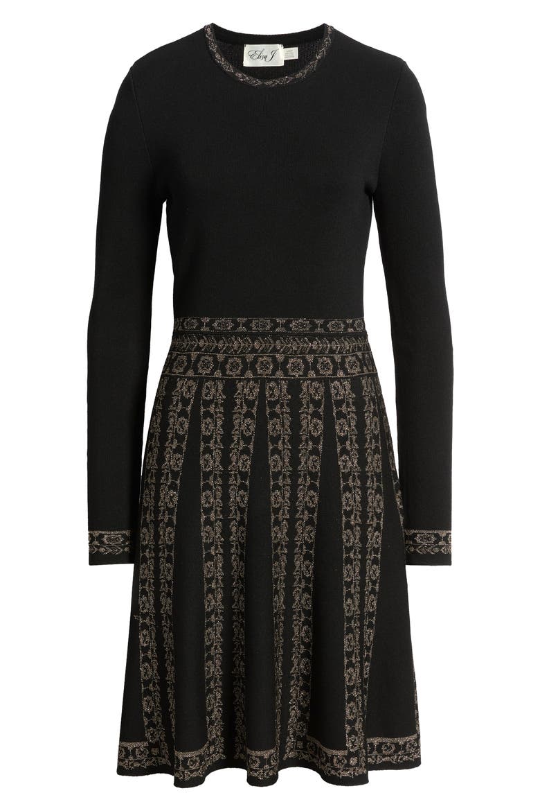 Metallic Jacquard Long Sleeve Dress, Alternate, color, BLK GOLD
