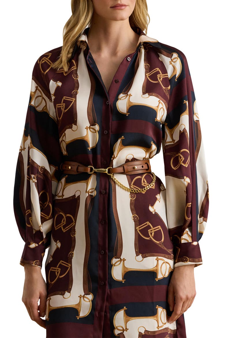 Equestrian Print Long Sleeve Twill Midi Shirtdress, Alternate, color, BROWN/ NAVY/ CREAM MULTI