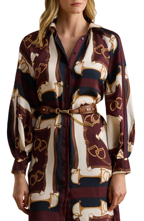 Ralph Lauren Lauren Equestrian Print Long Sleeve Twill Midi Shirtdress In Brown