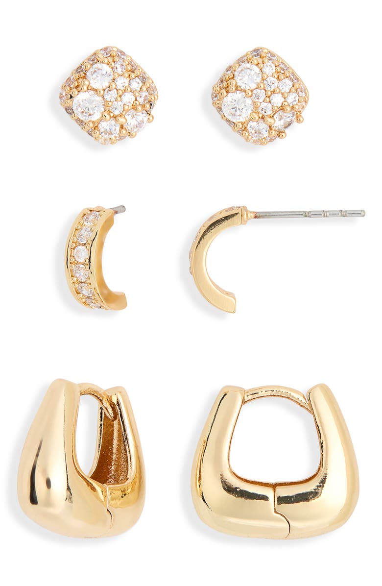 Leith Pack of 3 Assorted Hoop & Stud Earrings, Alternate, color, Clear- Gold