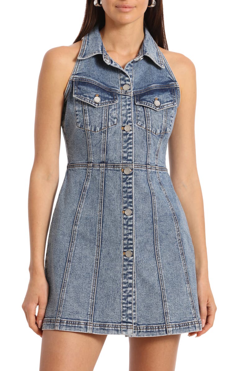 Avec Les Filles Sleeveless Denim Halter Minidress, Alternate, color, 