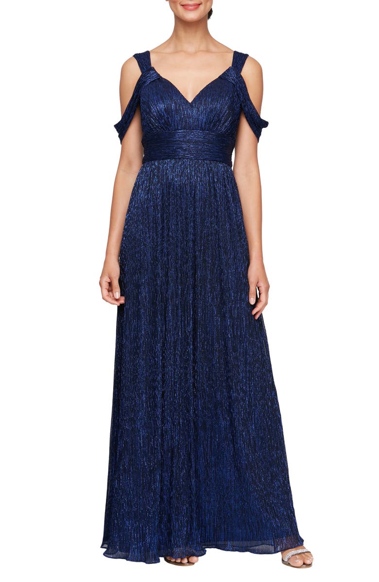 Alex Evenings Metallic Cold Shoulder Gown, Main, color, 