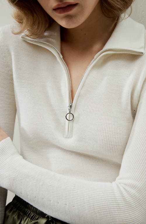 Lilysilk Gaia Ribbed Half Zip Ultra-fine Merino Wool Sweater In White