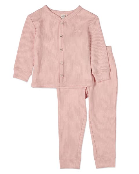 Kid's Ribbed Color Button-Down Pajama Set