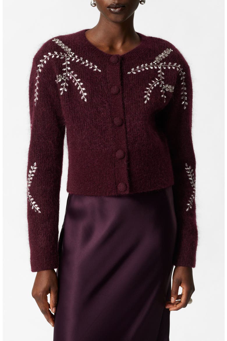 Crystal Embroidered Wool & Mohair Blend Cardigan, Main, color, BURGUNDY