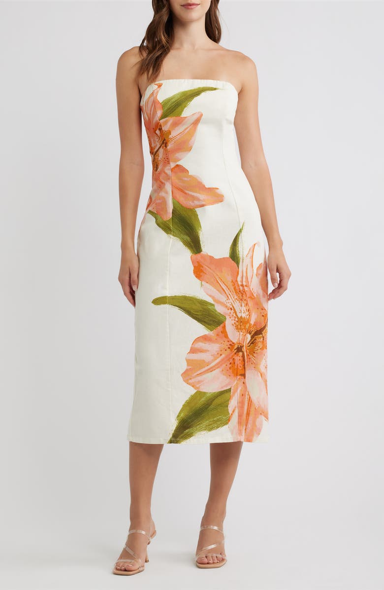 FLYING TOMATO Floral Strapless Stretch Cotton Sheath Dress, Main, color, Ivory