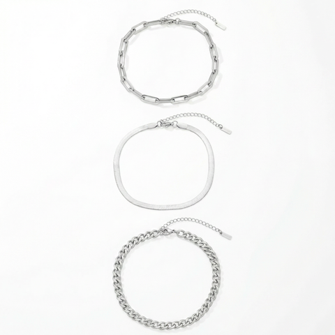 Cinthia Anklet 3 Piece Set Silver Plated 9" with 2" Extender