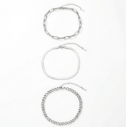 Bliss Diamond Cinthia Anklet 3 Piece Set Silver Plated 9" with 2" Extender