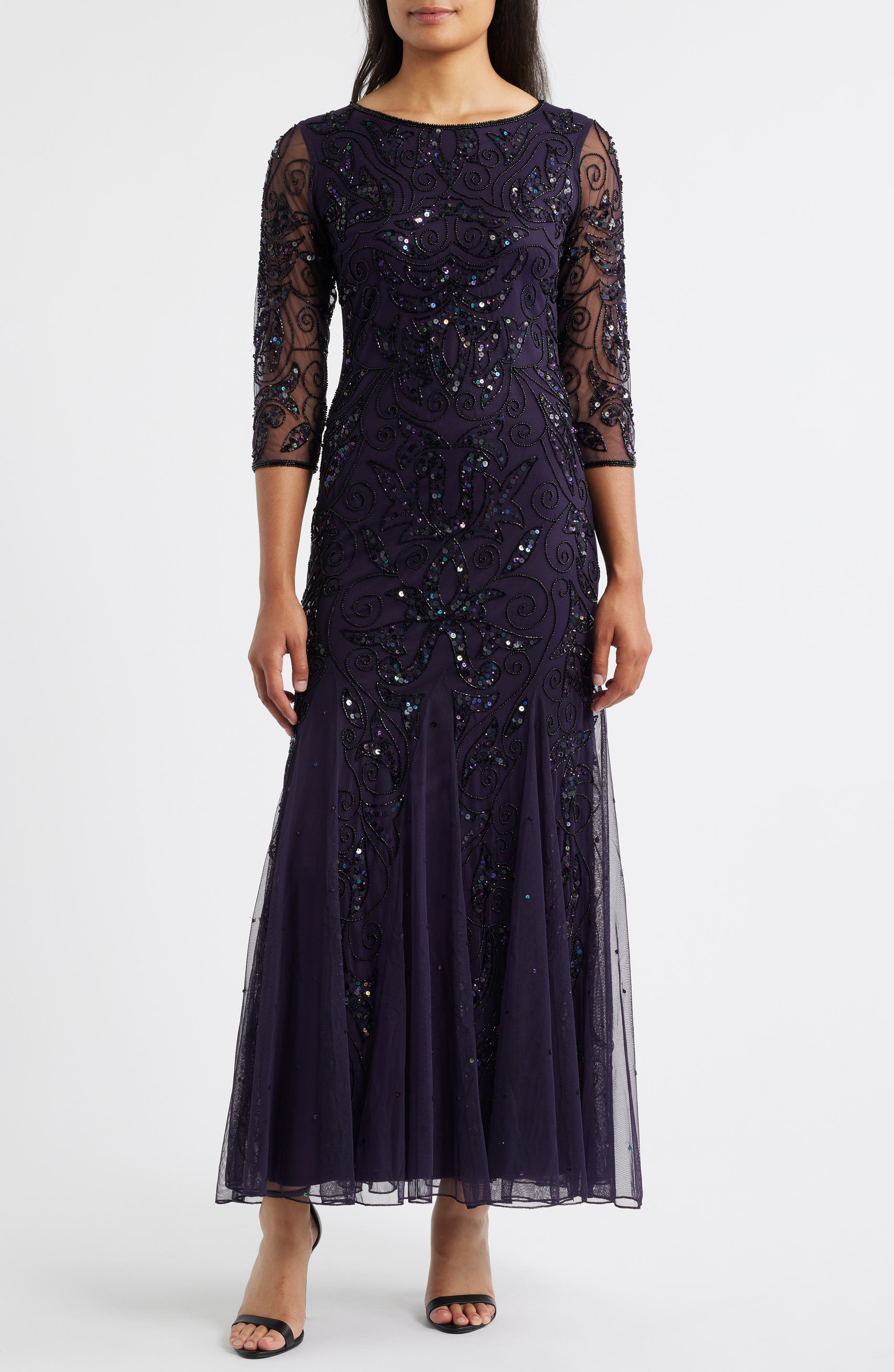 Pisarro Nights Illusion Sleeve Beaded A-Line Gown