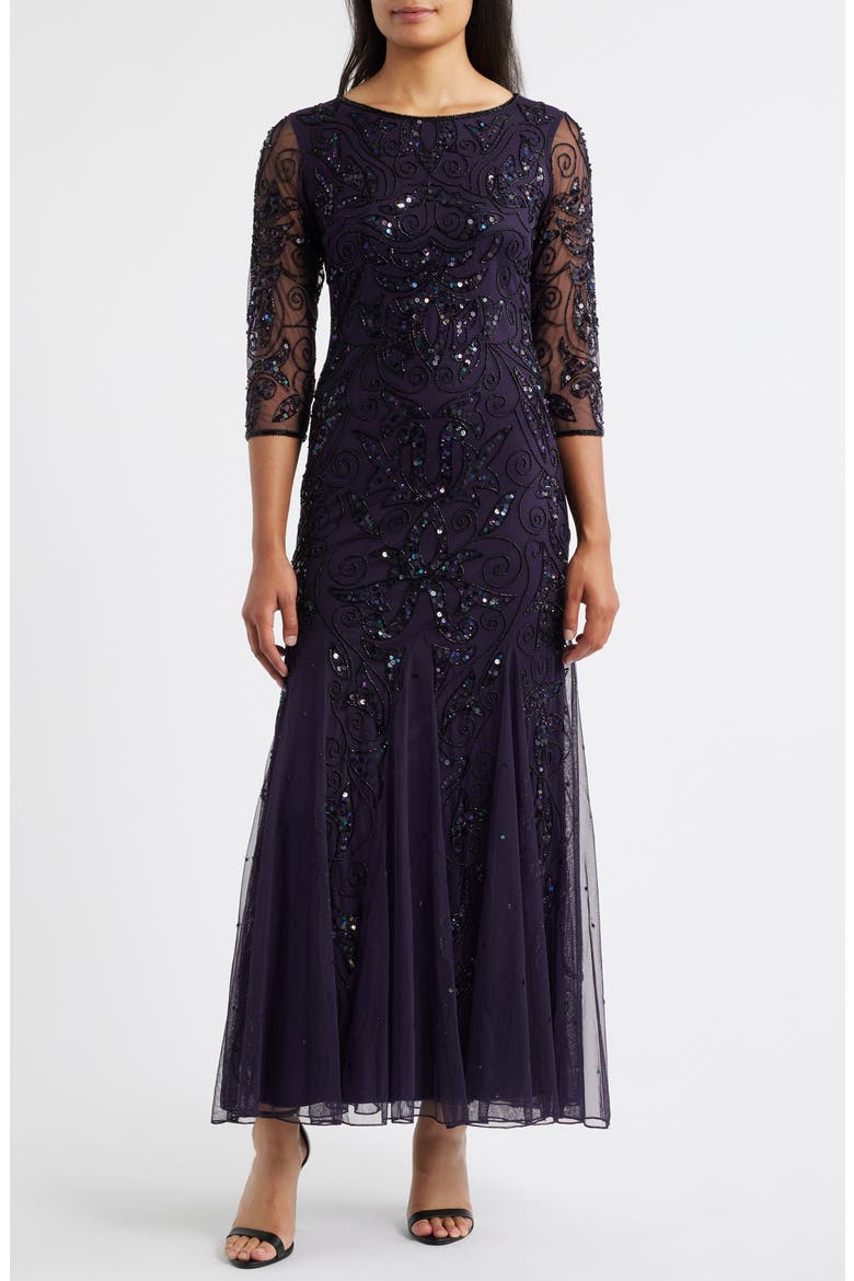 Illusion Sleeve Beaded A-Line Gown, Main, color, DEEP PURPL 505