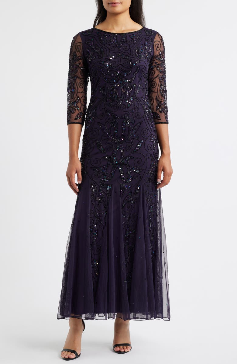 Pisarro Nights Illusion Sleeve Beaded A-Line Gown, Main, color, Deep Purple