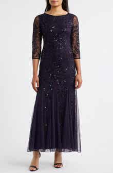 Pisarro Nights Illusion Sleeve Beaded A-Line Gown