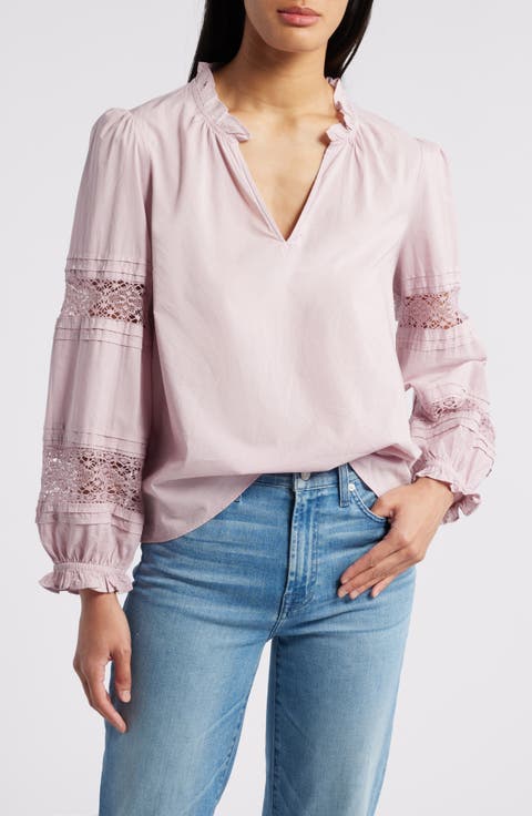 Lace Inset Long Sleeve Cotton Top