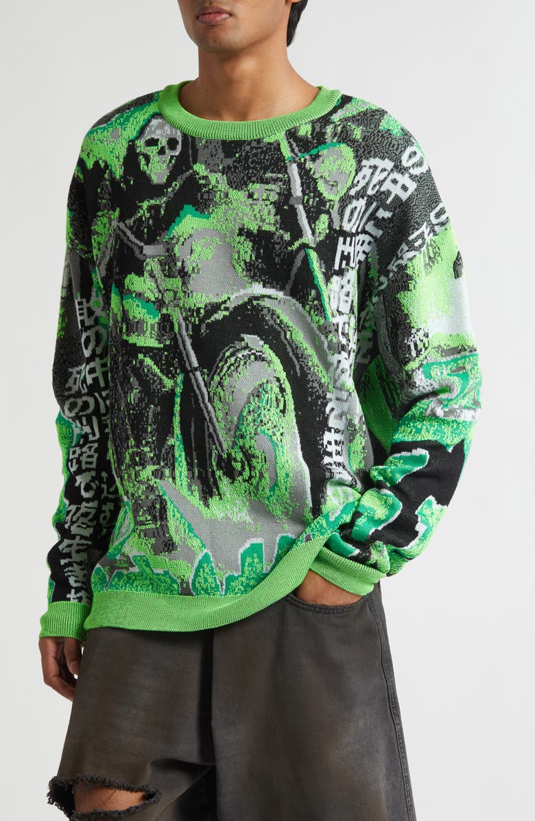 LU'U DAN Misfit Jacquard Cotton Sweater, Alternate, color, Acid Green / Black