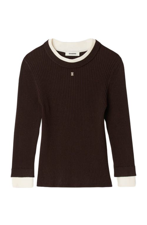 Sandro Womens Brown Brand-plaque Layered-trim Knitted Jumper In Burgundy