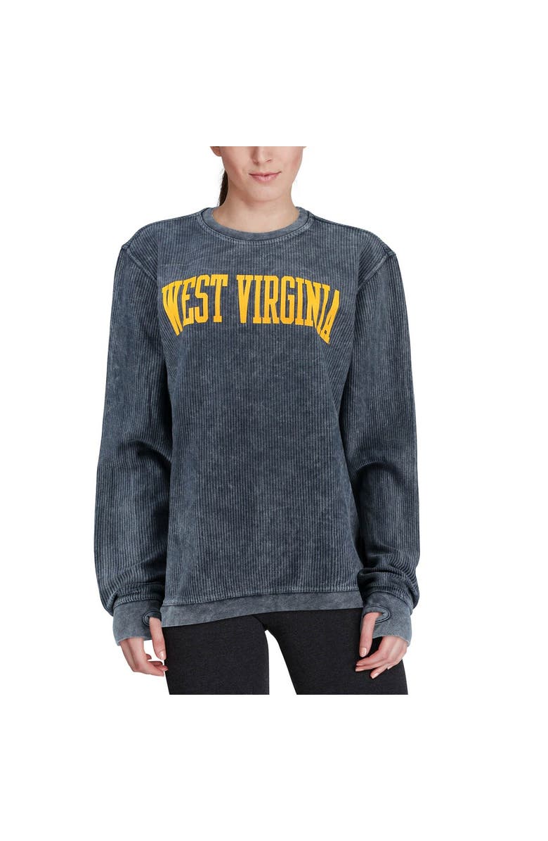 PRESSBOX Women's Pressbox Navy West Virginia Mountaineers Comfy Cord Vintage Wash Basic Arch Pullover Sweatshirt, Alternate, color, Navy