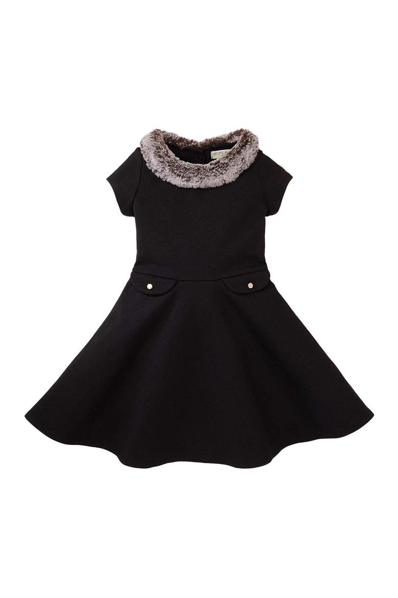 Girls' Fit and Flare Ponte Dress with Faux Fur, Toddler, Main, color, Black