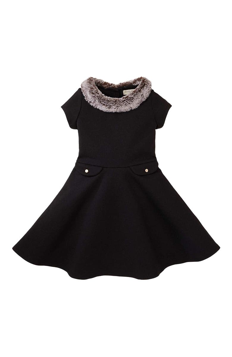 Hope & Henry Girls' Fit and Flare Ponte Dress with Faux Fur, Toddler, Main, color,