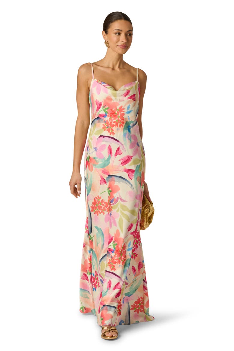 Floral Print Satin Maxi Dress, Alternate, color, IVORY MULTI