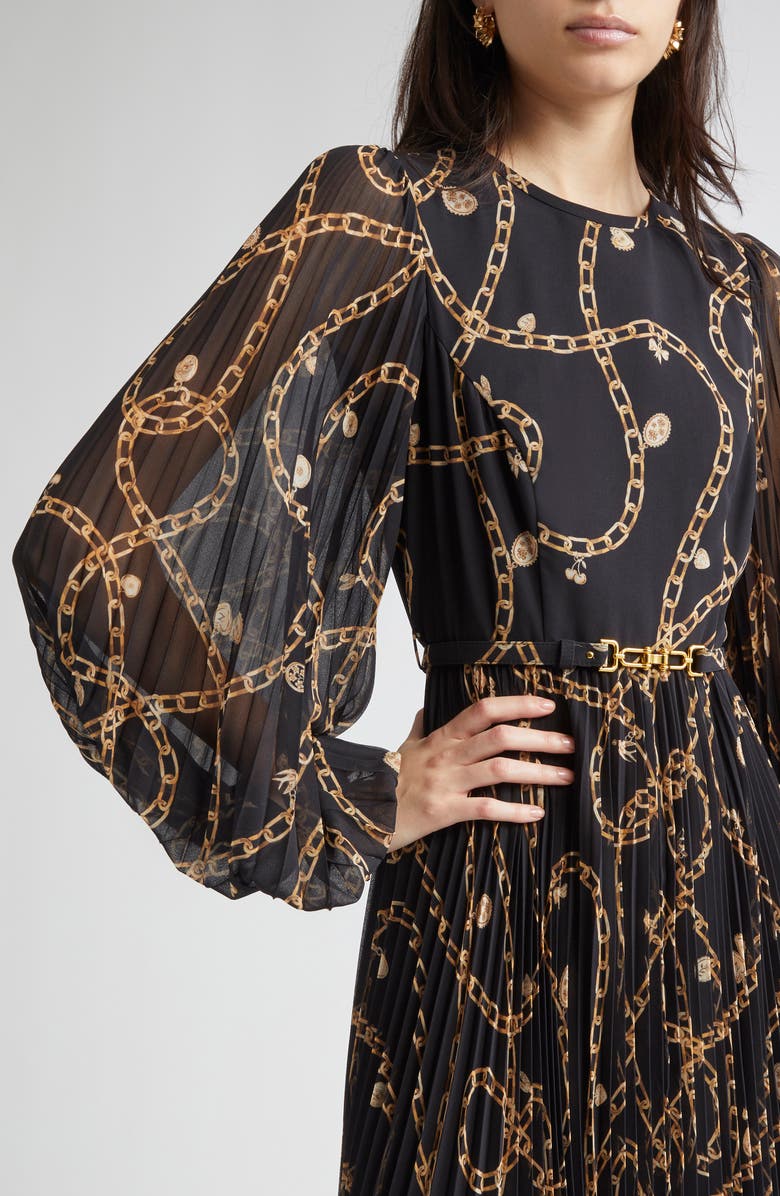Zimmermann Chain Print Long Sleeve Sunray Pleated Dress, Alternate, color, Black Charms