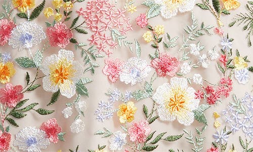 Eliza J Petite V-neck Puff-sleeve Embroidered Dress In Ivory Multi