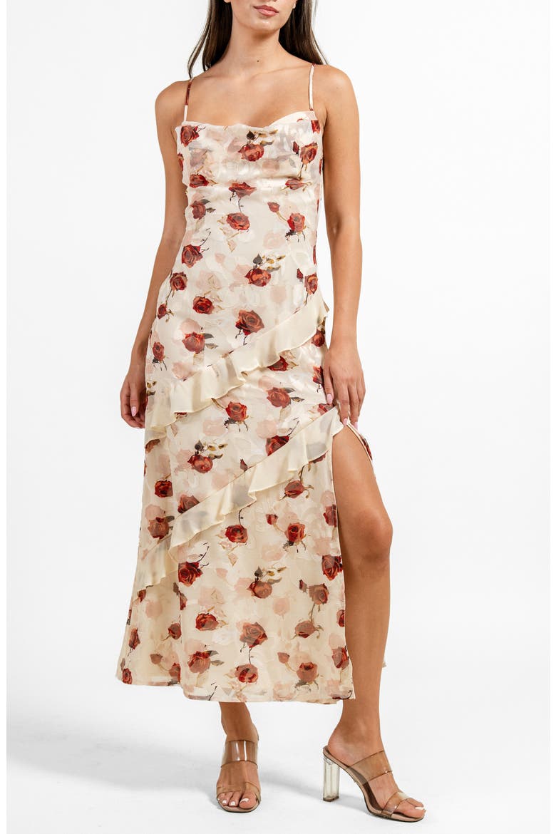 Floral Ruffle Midi Dress with Slit, Alternate, color, CREAM