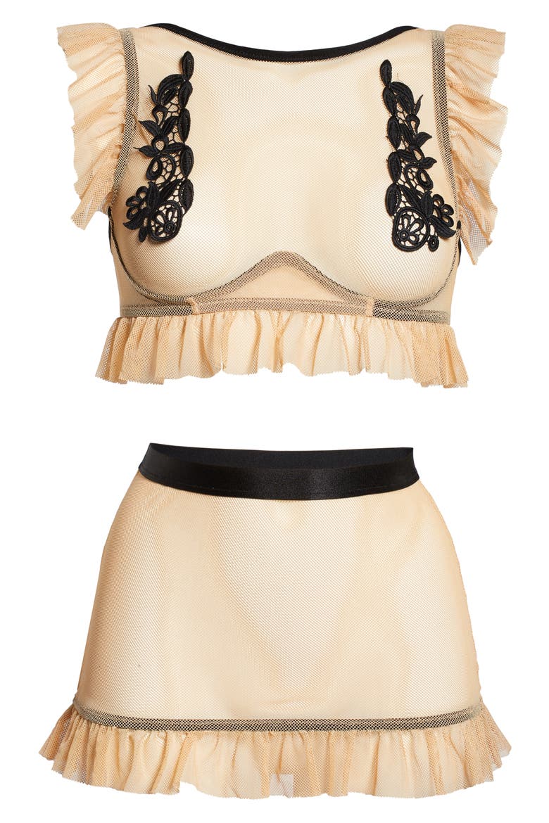 Ruffle Trim Mesh Bralette & Skirt Set, Alternate, color, NUDE-BLACK