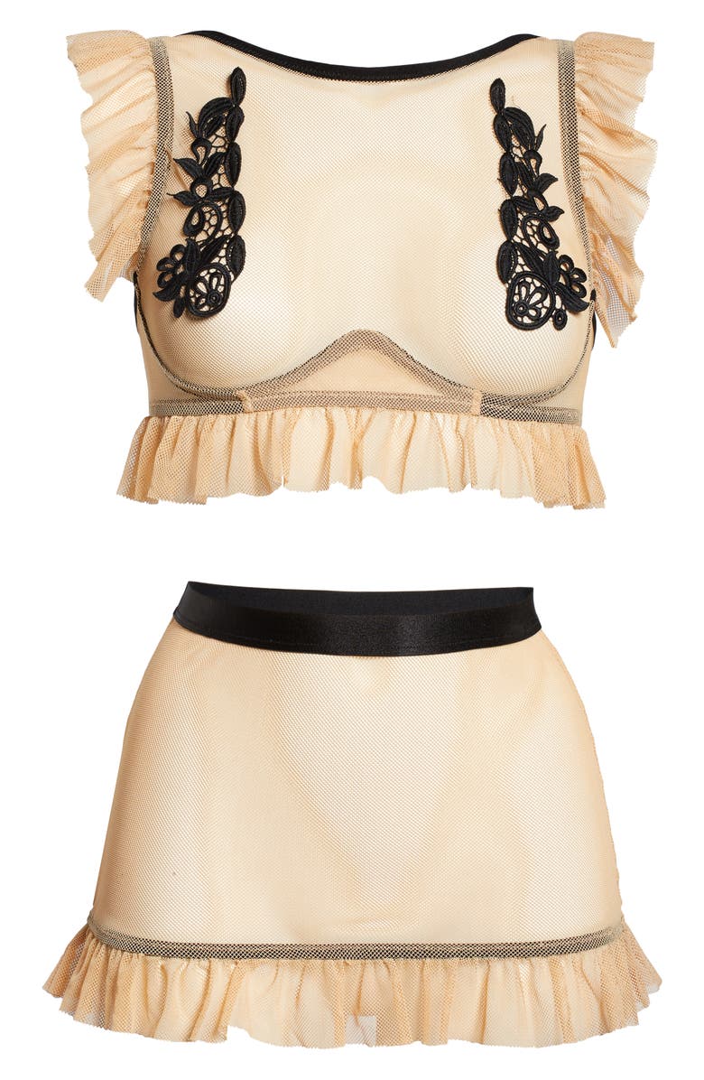 Hauty Ruffle Trim Mesh Bralette & Skirt Set, Alternate, color, 