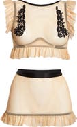 Hauty Ruffle Trim Mesh Bralette 
Skirt Set