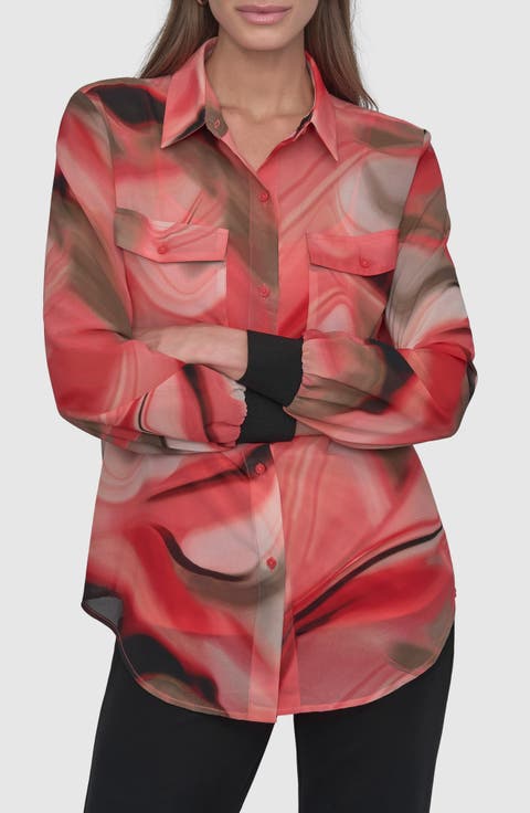 Abstract Print Chiffon Button-Up Shirt