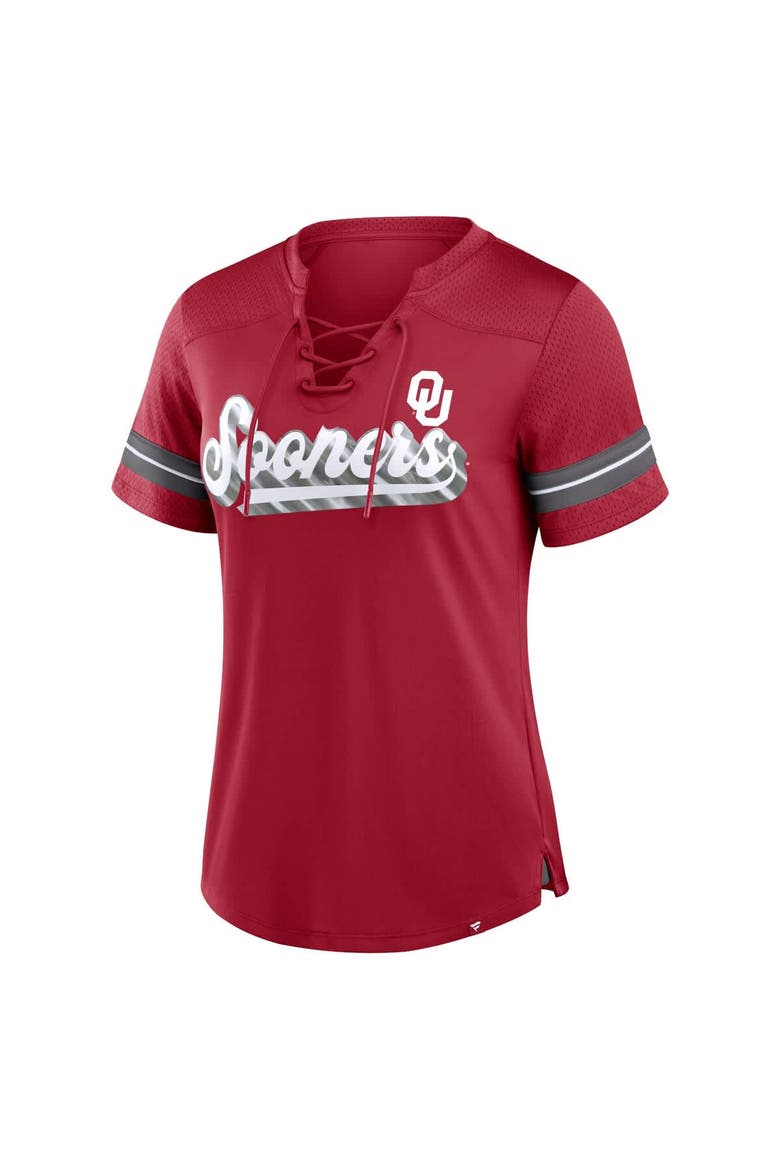 Women's Fanatics Crimson Oklahoma Sooners Fundamental Overtime Readiness Athena Lace-Up V-Neck T-Shirt, Alternate, color, Crimson