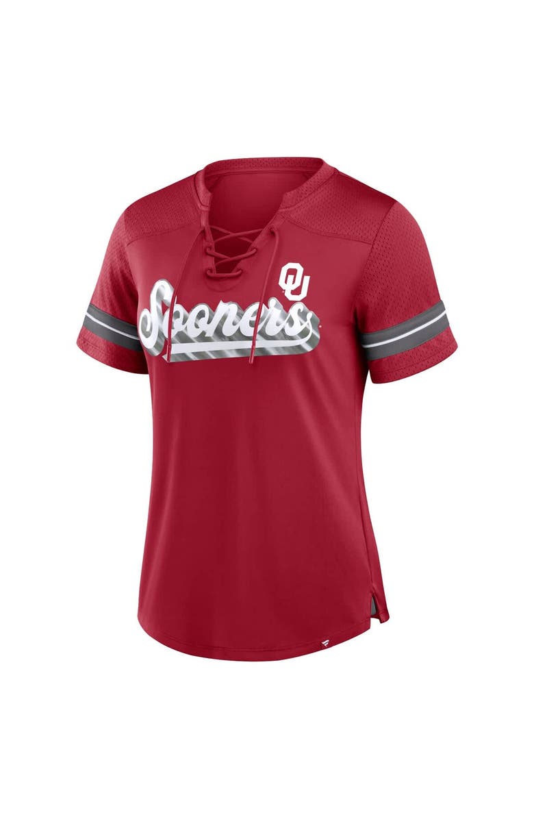 FANATICS Women's Fanatics Crimson Oklahoma Sooners Fundamental Overtime Readiness Athena Lace-Up V-Neck T-Shirt, Alternate, color, Crimson