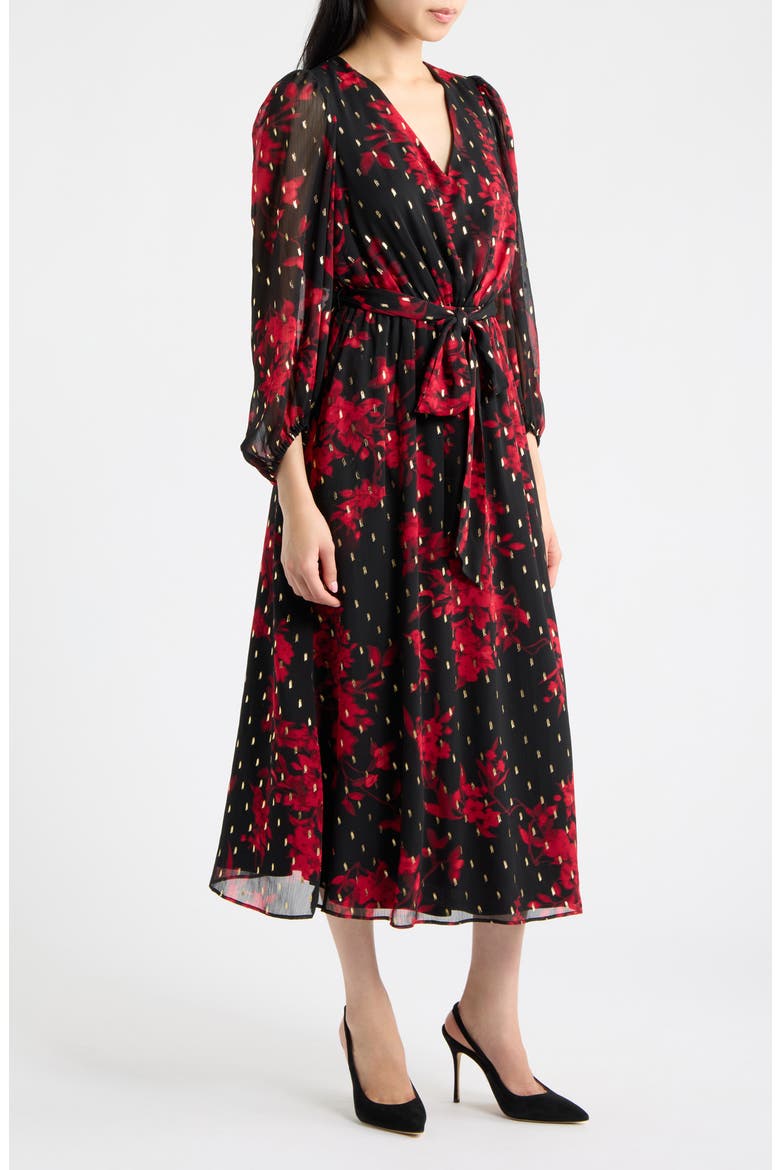 V-Neck Gathered Sleeve Midi Dress, Alternate, color, TITIAN RED MULTI