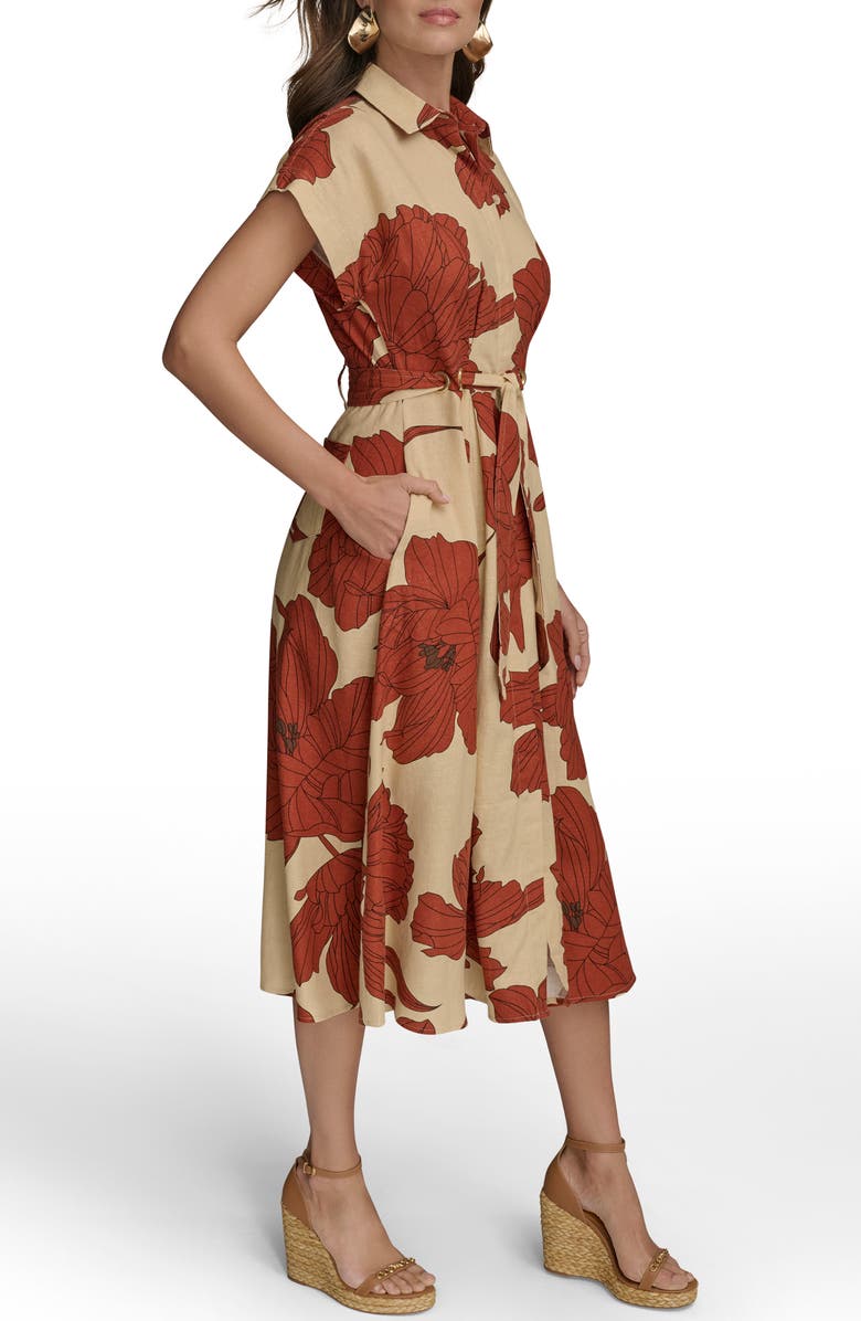 Donna Karan New York Drawstring Waist Linen Blend Shirtdress, Alternate, color, Cinnamon Multi