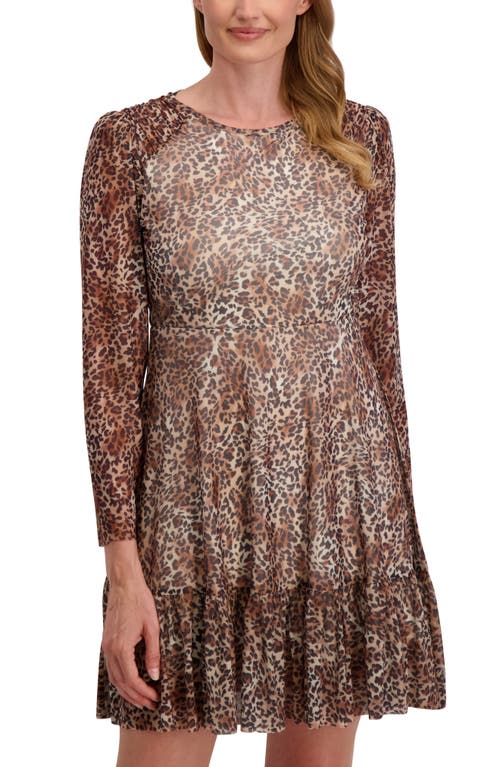 Laundry By Shelli Segal Long Sleeve Leopard Print Mesh Dress In Brown