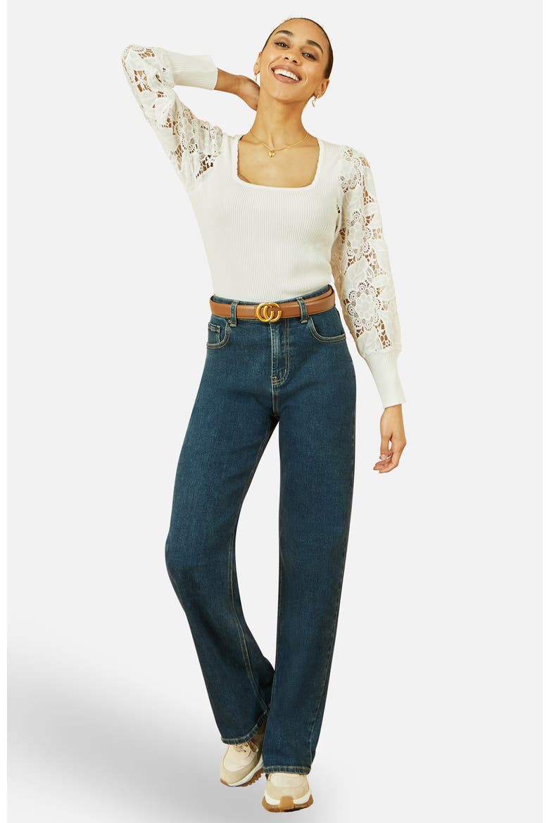 Ribbed Knitted Lace Sleeve Sweater, Alternate, color, White