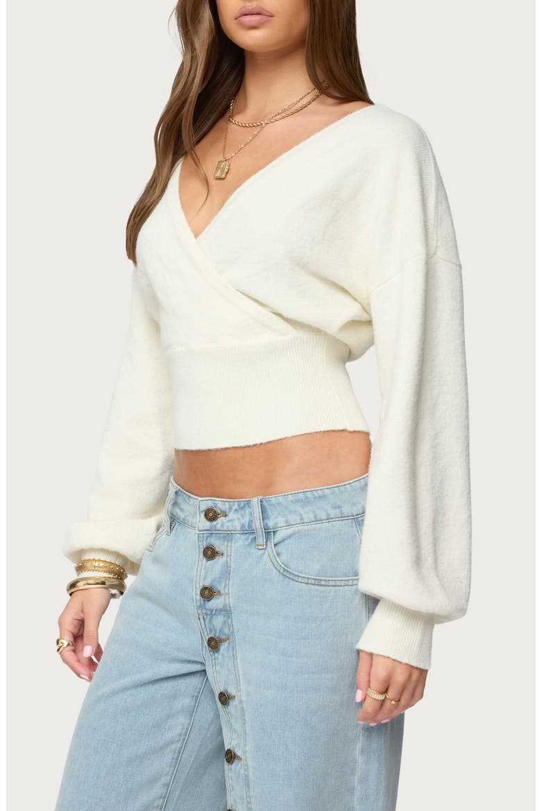 Lillia V-Neck Wrap Crop Sweater, Alternate, color, WHITE
