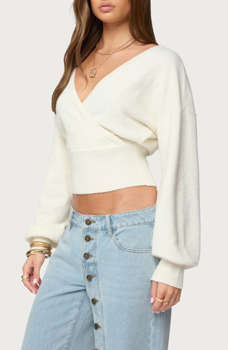 EDIKTED LIllia V-Neck Wrap Crop Sweater, Alternate, color, White